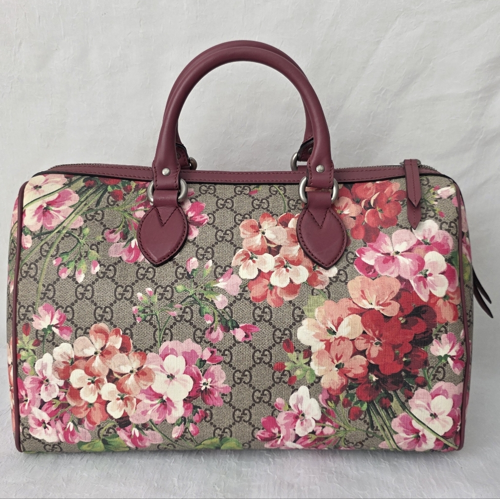 Auth Gucci GG Supreme Blooms Boston Bag